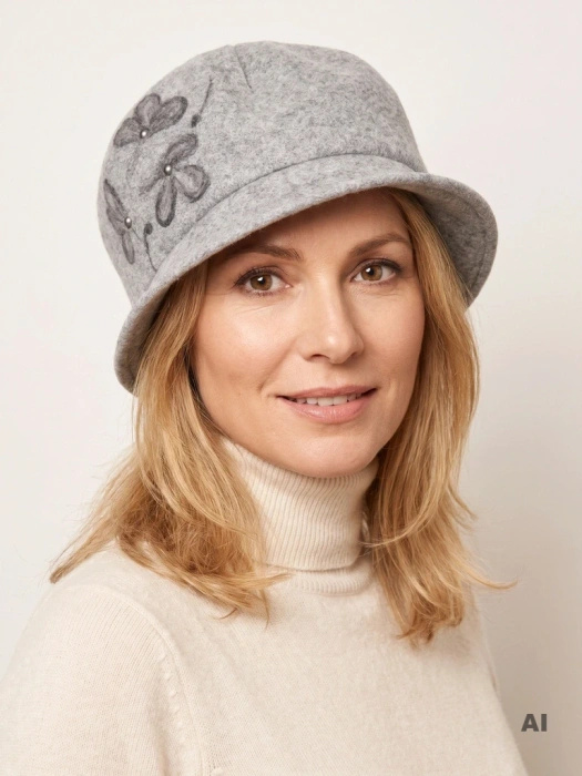 Elegancki kapelusz damski zimowy cloche szary – ocieplana podszewka i ozdobny kwiat 42372