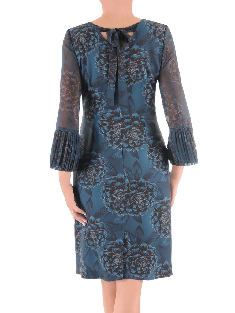 Sukienka wizytowa midi w kwiaty o prostym kroju – zwiewne szyfonowe rękawy z wiązaniem 38768