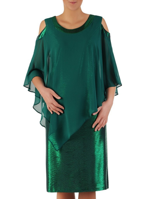 Sukienka z narzutką odsłaniającą ramiona, zielona kreacja koktajlowa 23598