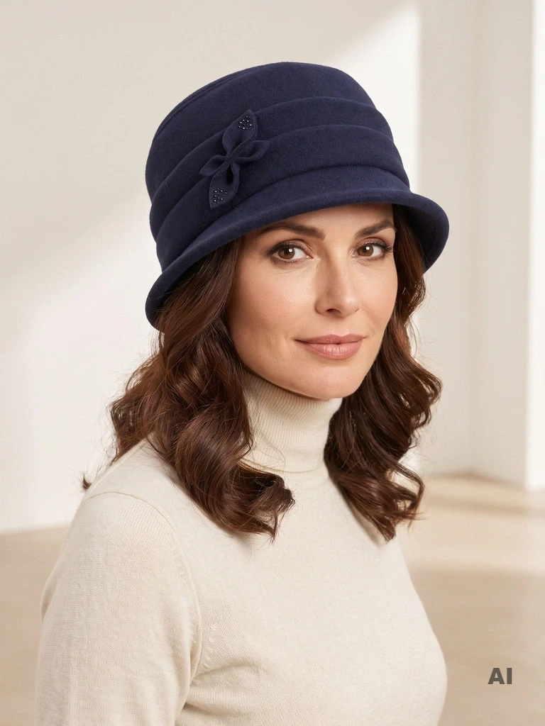 Elegancki kapelusz damski zimowy cloche granatowy – ciepły model z biżuteryjną ozdobą 40920