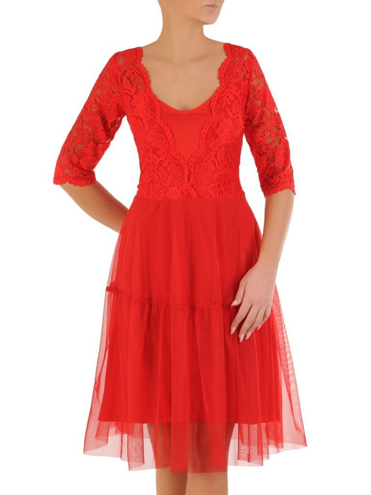 Czerwona efektowna, koronkowa sukienka z tiulowym dołem 27979