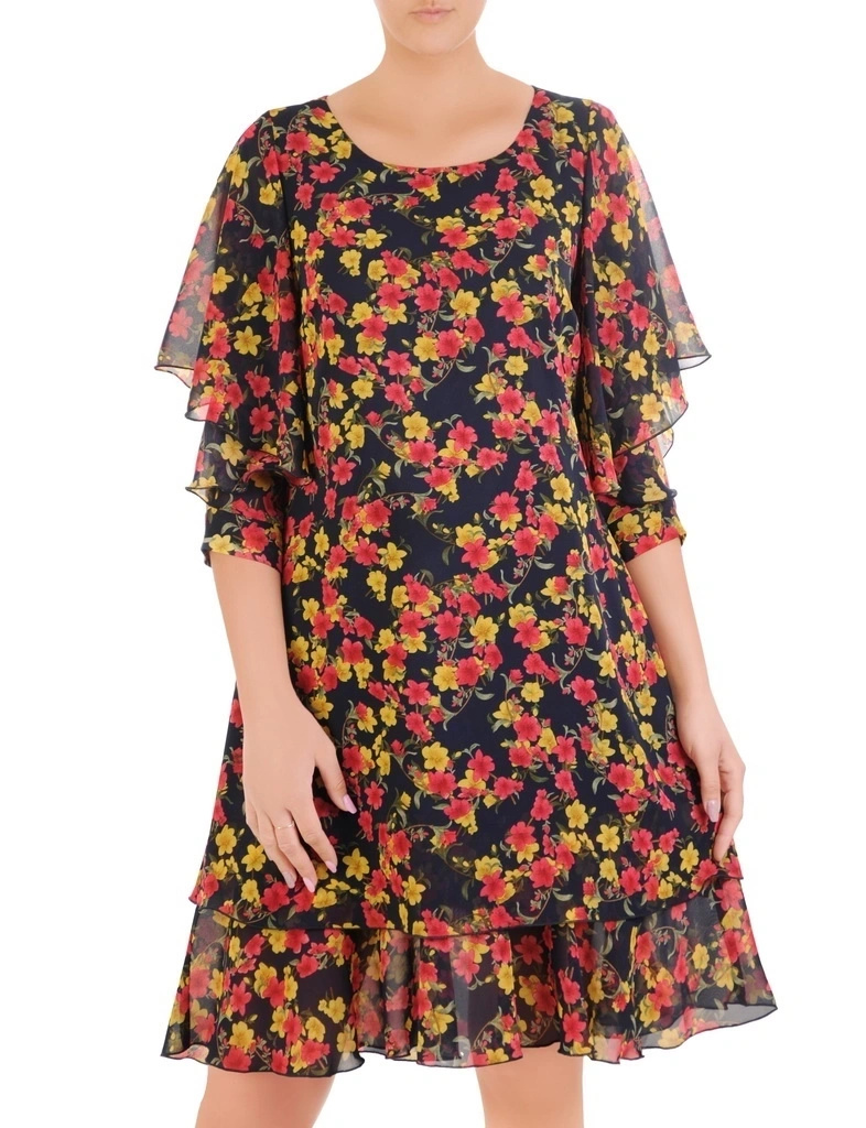 Elegancka sukienka trapezowa midi w kwiaty – kobiecy krój wysmuklający sylwetkę 32970