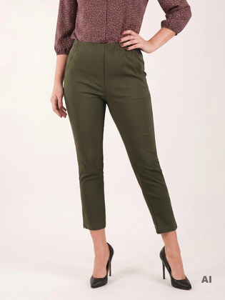 Klasyczne zielone spodnie 7/8 plus size z suwakami – dopasowany fason na lato z gumką 35153