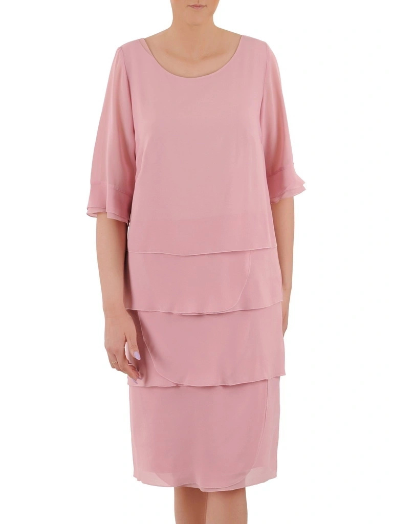 Elegancka prosta sukienka midi brudny róż – kobiece falbany maskujące ramiona 35835