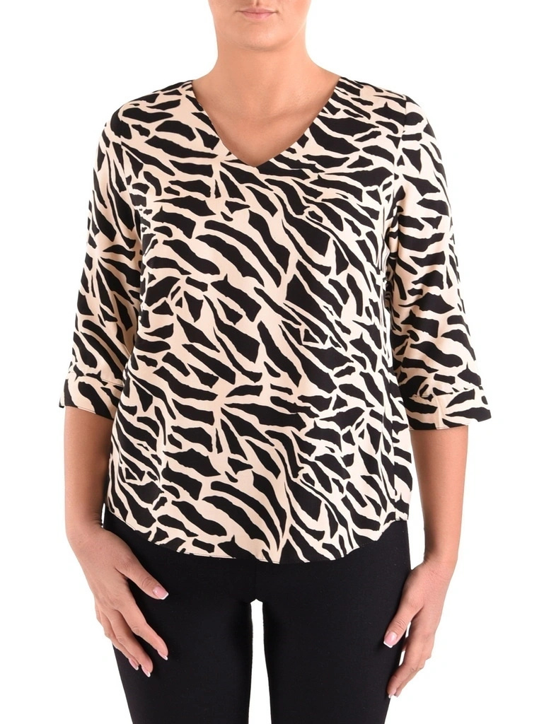 Bluzka plus size w czarno-kremowe cętki z dekoltem V na lato – prosty fason z mankietami, idealny do biura 40843