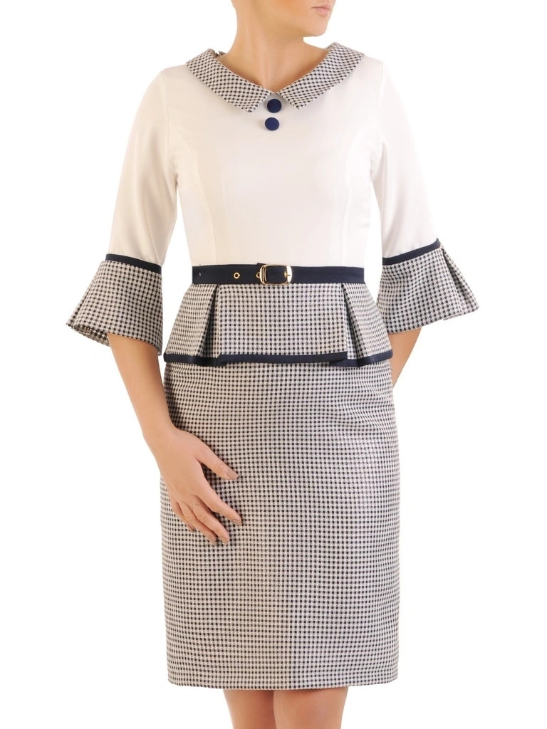Elegancka sukienka biurowa w pepitkę midi – prosta linia z paskiem podkreślającym talię 34857