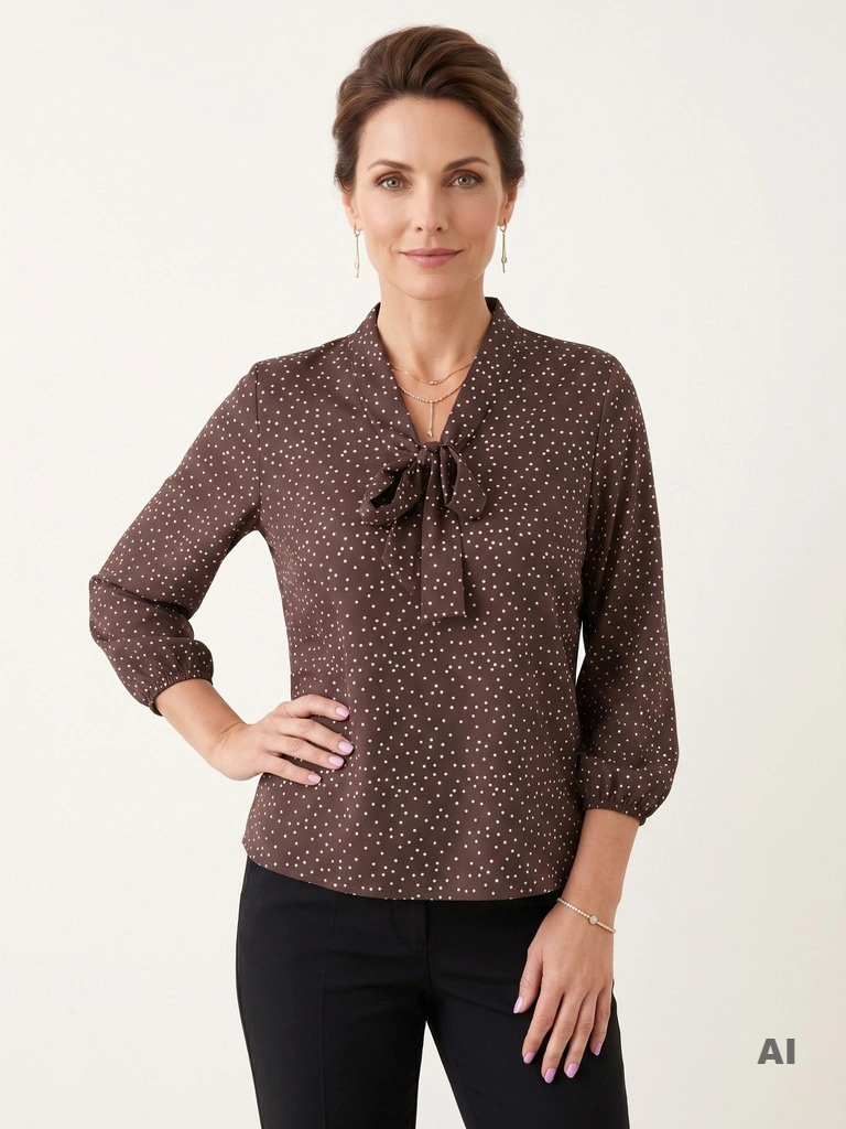 Elegancka brązowa bluzka wiskozowa w grochy – prosty krój z wiązaniem przy dekolcie 40324