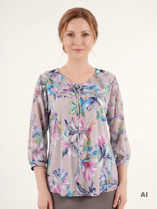 Elegancka szara bluzka wizytowa w kwiaty – prosty fason z szyfonowym detalem 35896