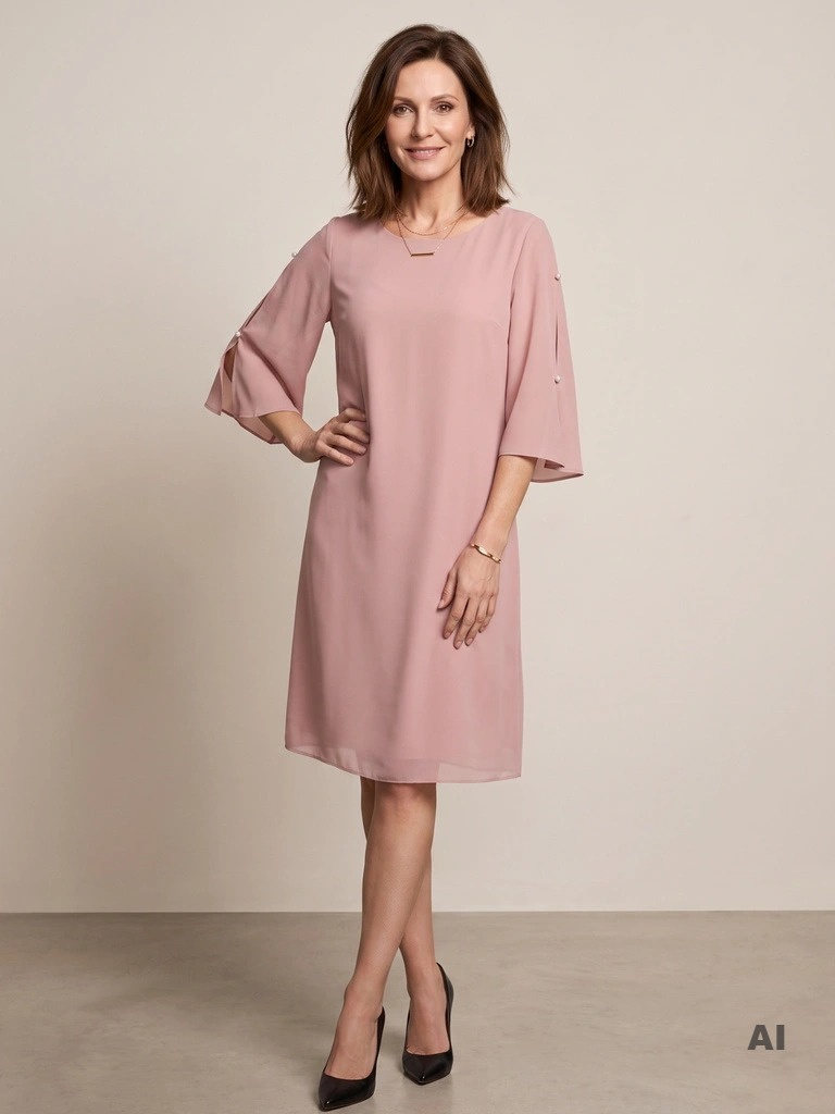 Elegancka sukienka trapezowa w odcieniu brudnego różu – swobodny fason z rozszerzanymi rękawami 23446