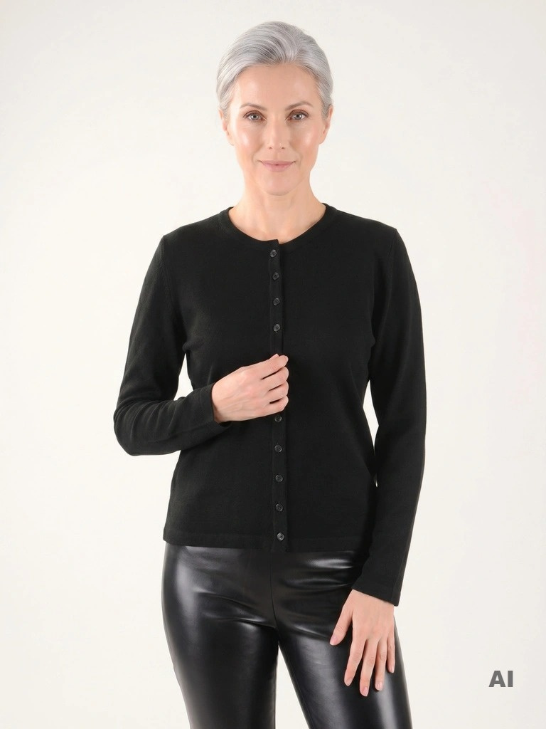 Elegancki sweter damski rozpinany o prostym kroju – ponadczasowy czarny model z subtelnym dekoltem w łódkę 38762