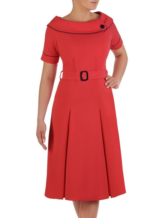 Koralowa sukienka z eleganckim kołnierzem, rozkloszowana kreacja w klasycznym stylu 20568