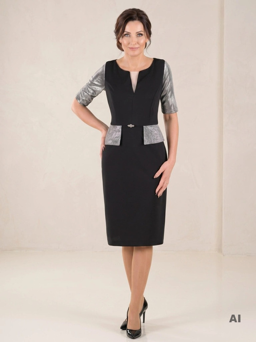 Elegancka czarna sukienka wieczorowa midi o prostym fasonie – wysmuklająca baskinka z broszką 37475