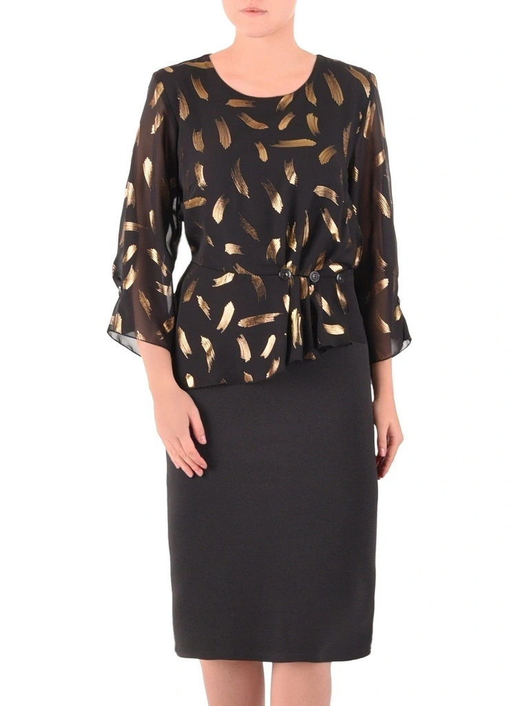 Elegancka sukienka sylwestrowa midi czarna ze złotem – prosty krój z modelującą baskinką 40594
