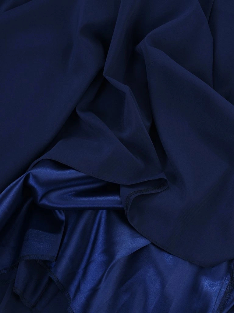 Elegancka sukienka rozkloszowana midi granatowa – plisowany dół subtelnie tuszujący biodra 3393