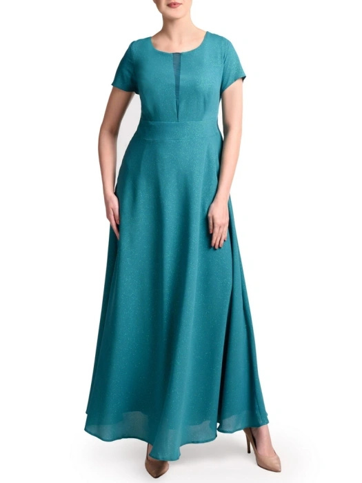 Elegancka suknia wieczorowa maxi rozkloszowana butelkowa zieleń – lśniące zdobienie modelujące sylwetkę 35162