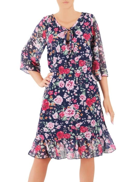 Elegancka sukienka trapezowa midi w kwiaty – maskujący fason z wiązanym dekoltem 36385