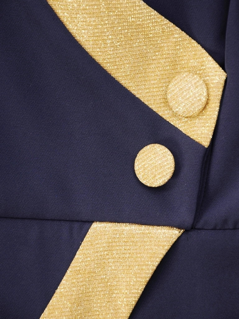 Granatowa sukienka wieczorowa midi o prostym kroju – baskinka i zaszewki wysmuklające talię 34945