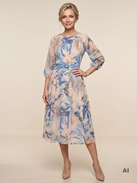 Rozkloszowana sukienka wieczorowa maxi w chabrowy print – wysmuklający fason ze srebrnym blaskiem 39799
