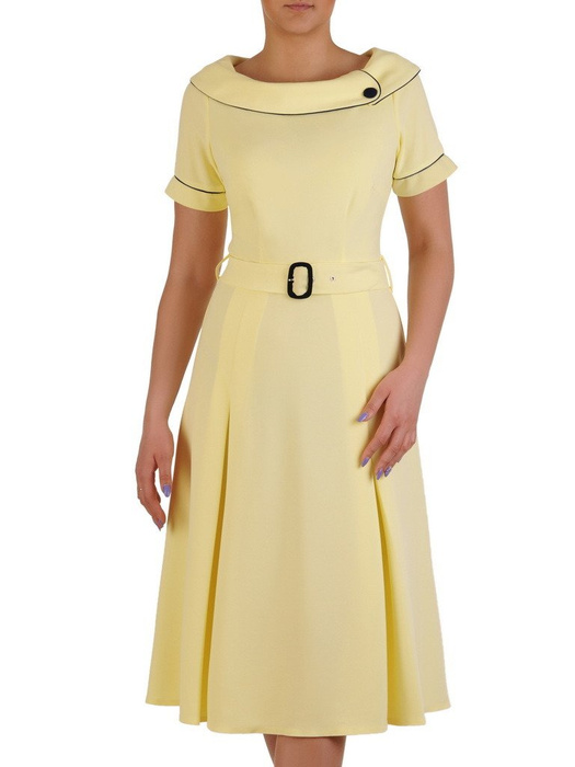Żółta sukienka z eleganckim kołnierzem, rozkloszowana kreacja w klasycznym stylu 20425