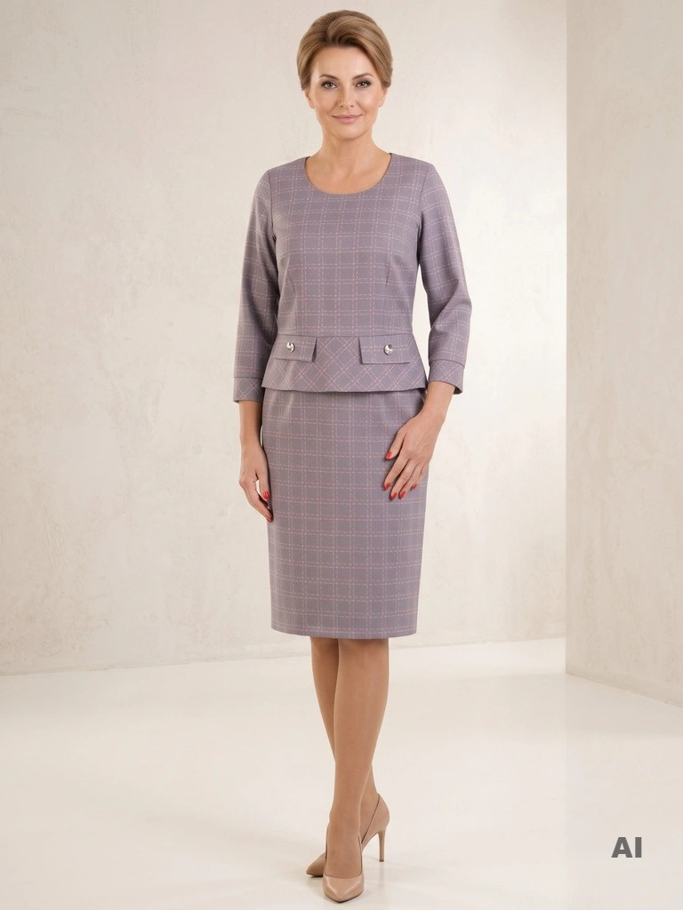 Elegancka sukienka biurowa midi w szarą kratę – prosty fason z modelującą baskinką 34190