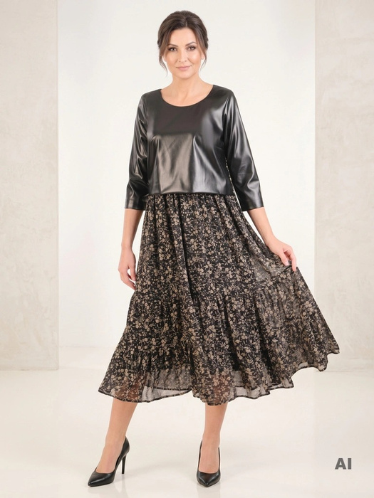 Elegancka sukienka rozkloszowana w kwiaty – kobiecy fason midi z rękawem 3/4 31637