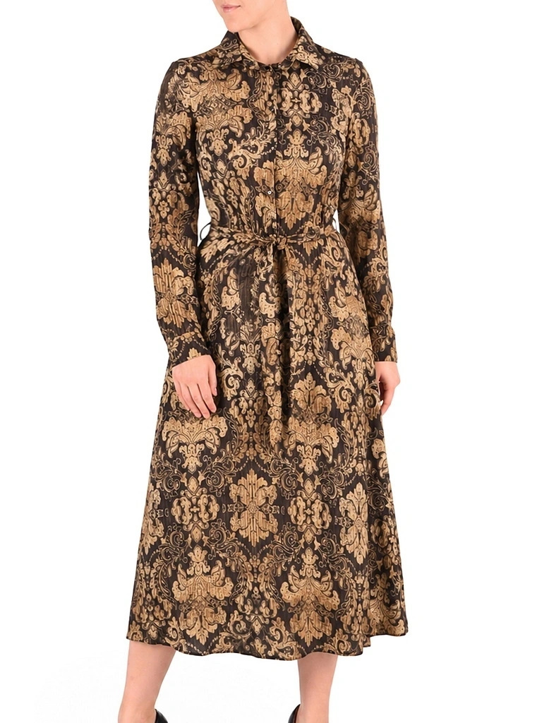 Beżowa sukienka maxi z kołnierzem i paskiem – rozkloszowany fason z wiskozy podkreślający talię 42561