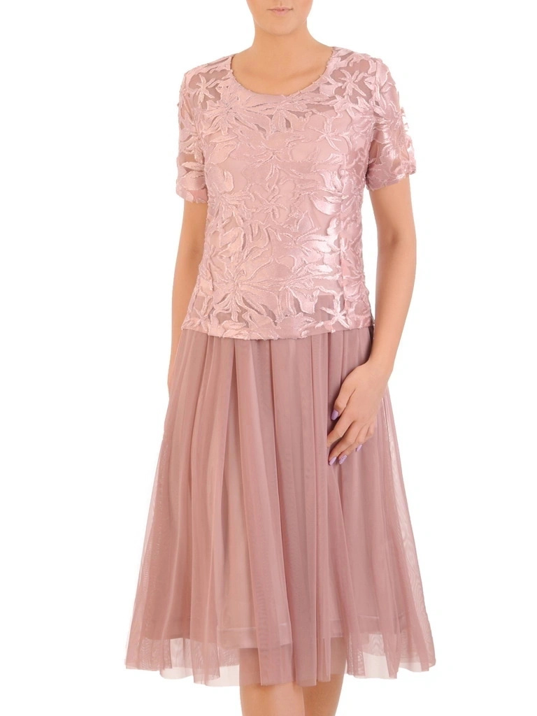 Sukienka rozkloszowana w odcieniu brudnego różu – elegancki fason midi z ozdobną górą na przyjęcia 33284