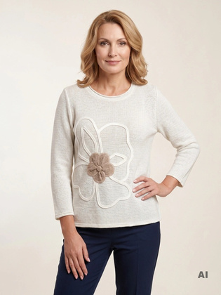 Elegancki beżowy sweter damski w kwiaty – swobodny prosty fason z bocznymi rozcięciami 40827