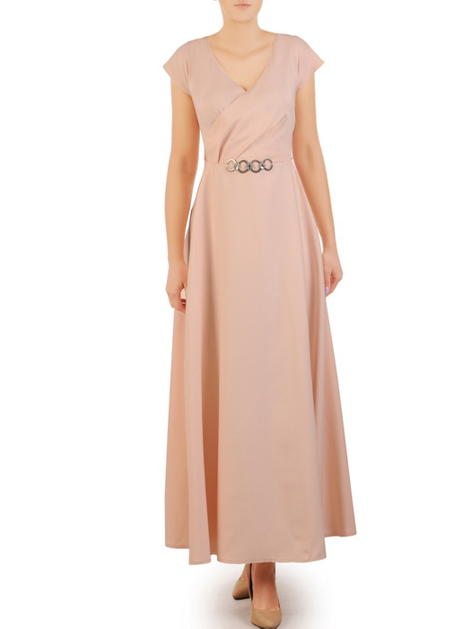 Beżowa suknia z kopertowym dekoltem i nowoczesną aplikacją 30903