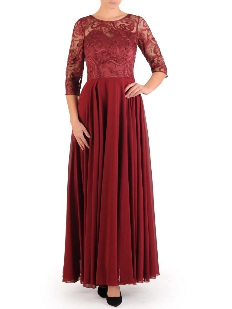 Wiśniowa sukienka maxi na wesele w kwiaty – rozkloszowany fason z dekoltem łódka 27408