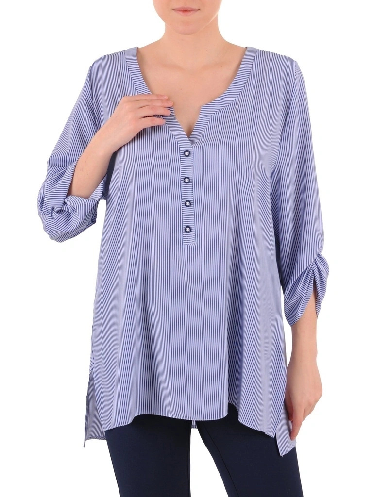 Elegancka bluzka wiskozowa w paski – swobodny fason trapezowy z dekoltem w serek 39694