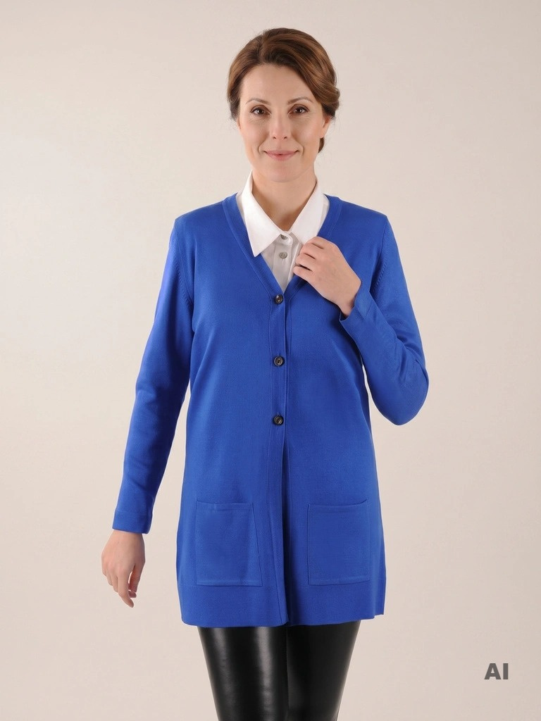 Elegancki sweter damski rozpinany w chabrowym odcieniu – prosty krój z kieszeniami na jesień i zimę 38914