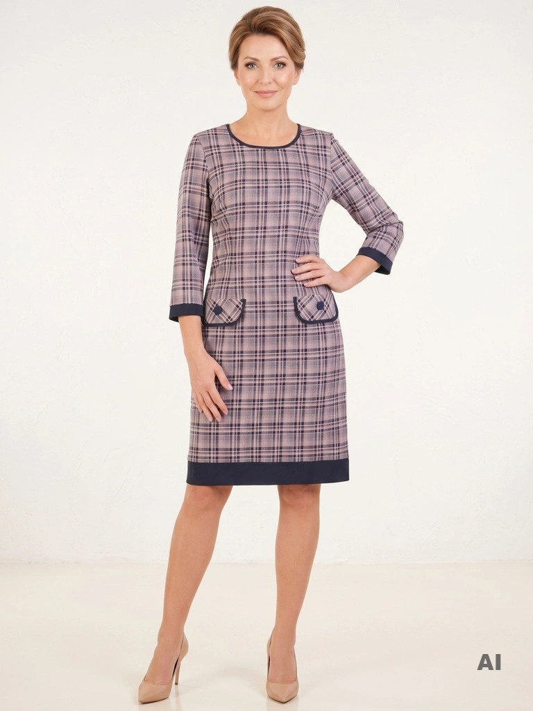 Elegancka sukienka w granatowo-różową kratkę – prosty fason z rękawem 3/4 31079