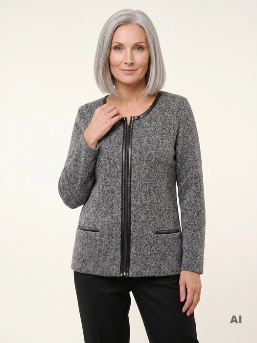 Elegancki szary sweter damski rozpinany na suwak – prosty fason z kieszeniami na chłodne dni 38976