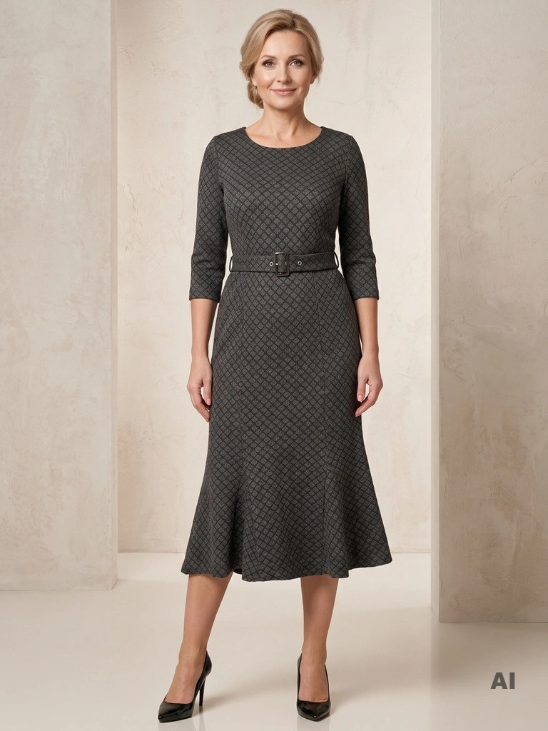 Elegancka szara sukienka midi syrenka – kobiecy fason z paskiem modelującym sylwetkę 34367