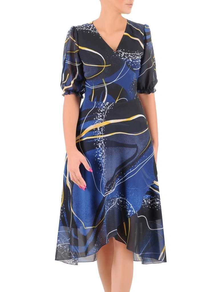 Wizytowa sukienka midi we wzory o rozkloszowanym fasonie – wysmuklający dekolt w serek i ozdobne rękawy 36848
