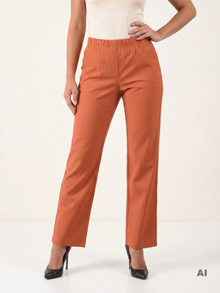 Eleganckie rude spodnie z prostą nogawką – fason plus size z gumką, idealny do biura 34872