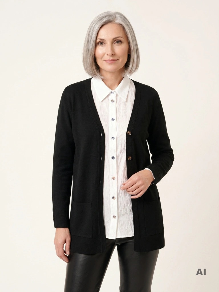 Elegancki czarny sweter damski rozpinany – prosty fason z kieszeniami na chłodniejsze dni 38912
