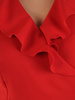 Kopertowa czerwona sukienka, kreacja z modnym żabotem 24843
