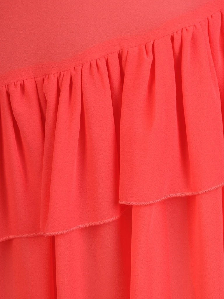 Elegancka suknia wieczorowa maxi w kolorze koralowym – prosty fason z dekoltem w serek pięknie wysmukla 29248