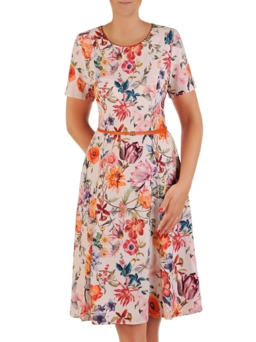 Elegancka sukienka rozkloszowana w kwiaty – dekolt łódka i pasek modelujący sylwetkę 21308