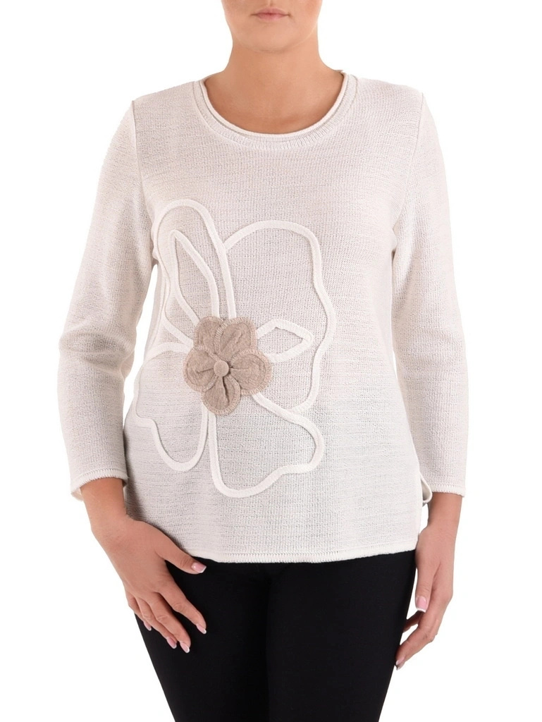 Elegancki beżowy sweter damski w kwiaty – swobodny prosty fason z bocznymi rozcięciami 40827