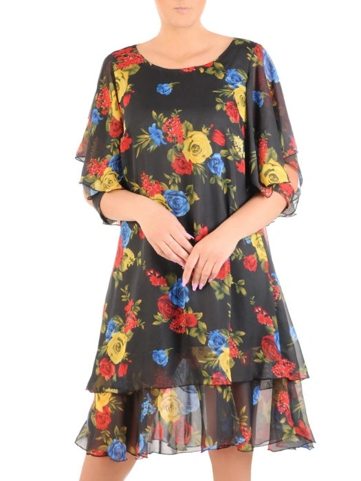 Elegancka sukienka trapezowa w kwiaty z falbaną – swobodny fason z rękawem 3/4 do pracy i na co dzień 33749