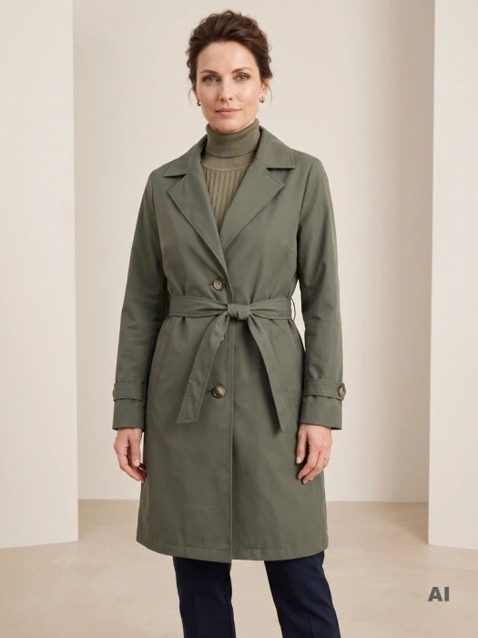 Stylowy płaszcz na jesień damski trencz khaki – kobiecy fason z paskiem modelującym sylwetkę 39409