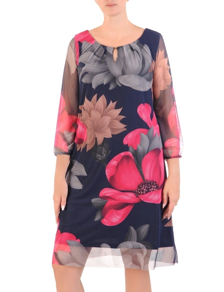 Elegancka sukienka trapezowa midi w kwiaty – maskujący fason z szyfonowym rękawem 34141