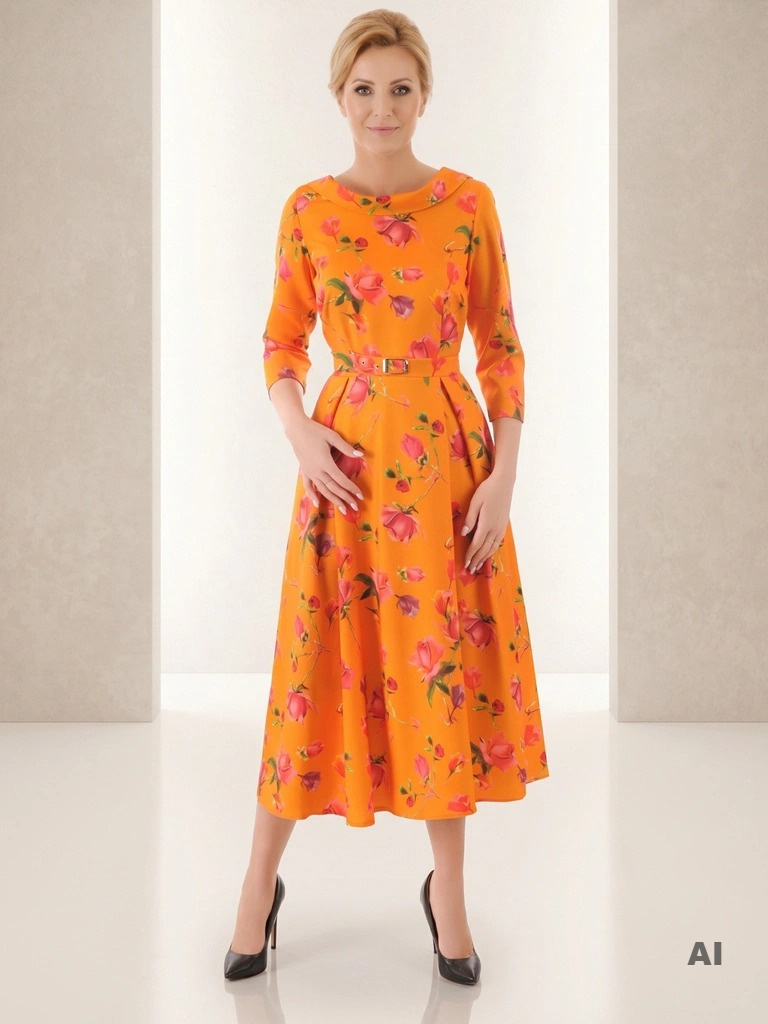 Pomarańczowa sukienka rozkloszowana maxi w kwiaty – elegancki krój z rękawem 3/4 i kontrafałdami 38025