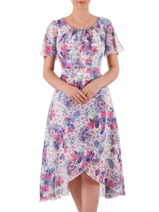 Elegancka sukienka wizytowa w kwiaty midi – rozkloszowany krój pięknie modelujący sylwetkę 39568