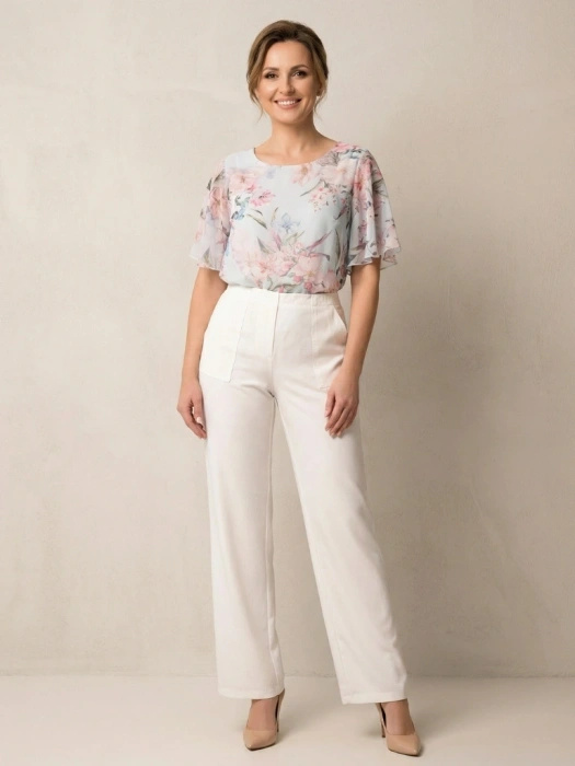 Modne spodnie damskie z prostą nogawką w odcieniu ecru – elastyczny pas wysmuklający talię 41191