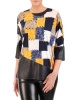 Wielobarwna bluzka damska z ekoskórą w modny patchwork – fason kimono, maskujący talię i wysmuklający plecy 32505