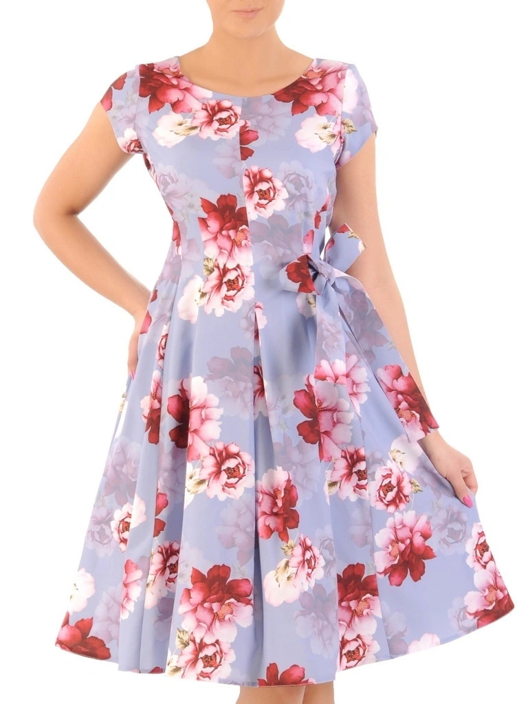 Elegancka sukienka rozkloszowana midi w kwiaty – kobiecy krój z ozdobną kokardą 33341